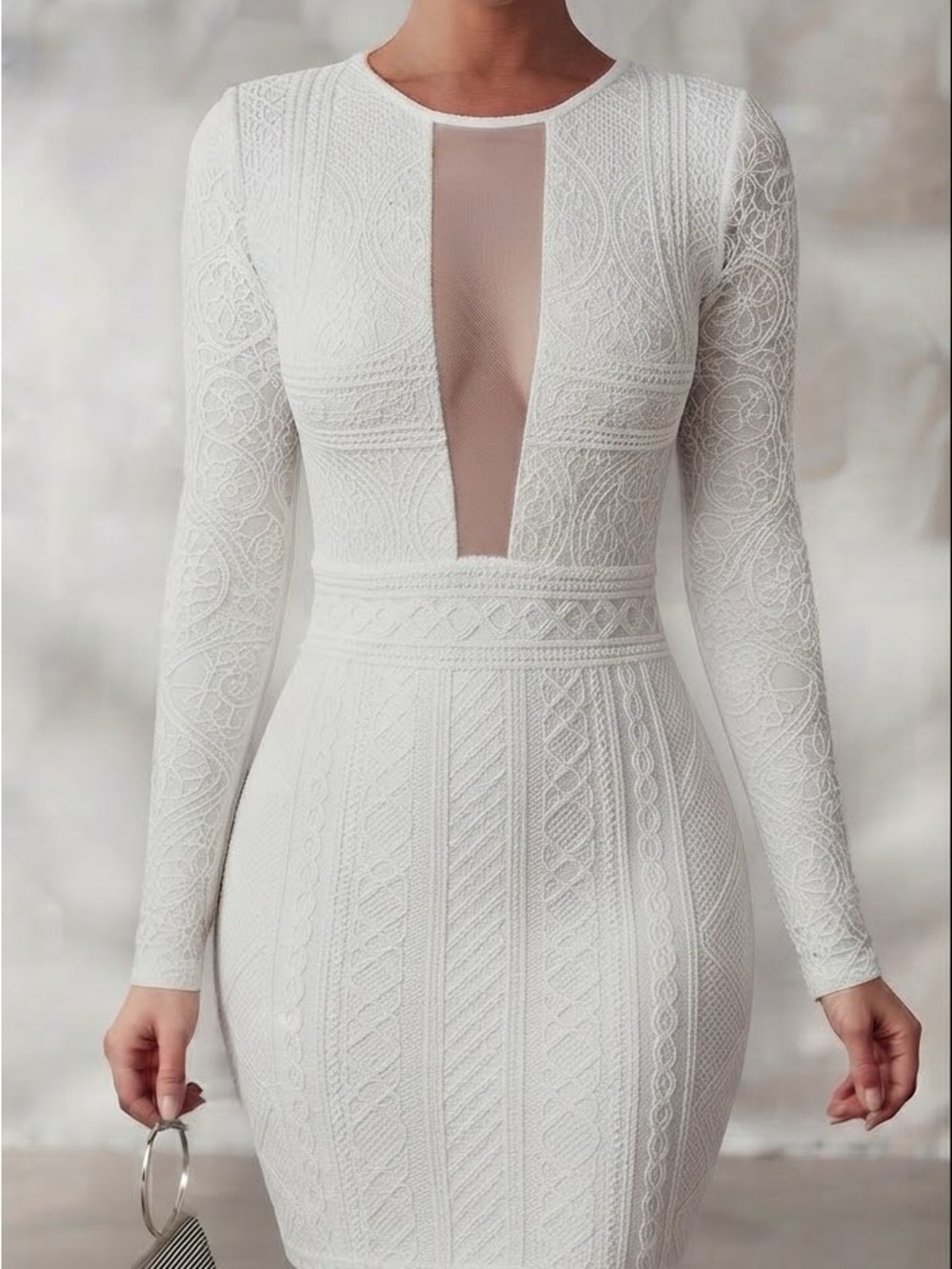 Windsor White Lace Midi Dress with Plunge Mesh Paneled Front